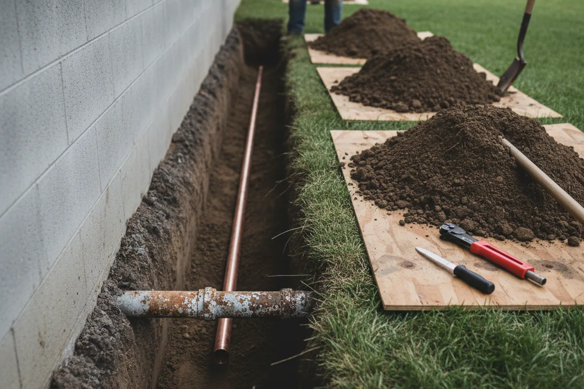 Excavated water line trench during Water Heater Repair in Milan